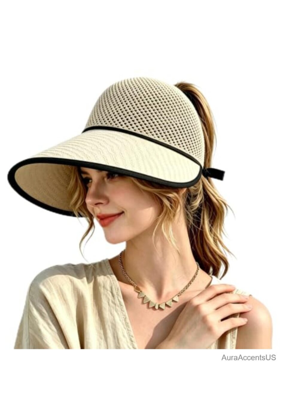 Wide Brim Straw Sun Hat Foldable Ponytail Beach Travel